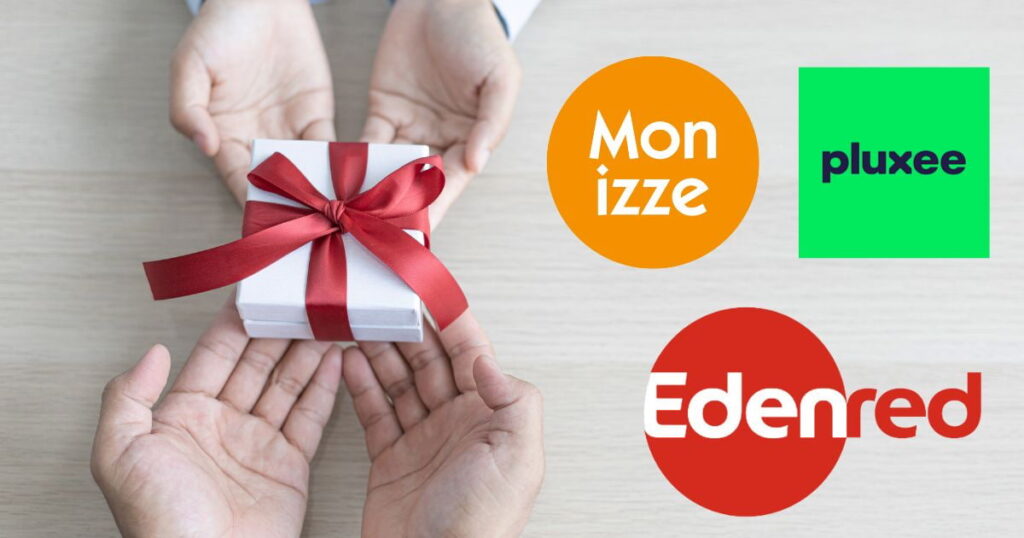 cadeau avec ruban rouge et logos marques Monizze, Pluxee et Edenred